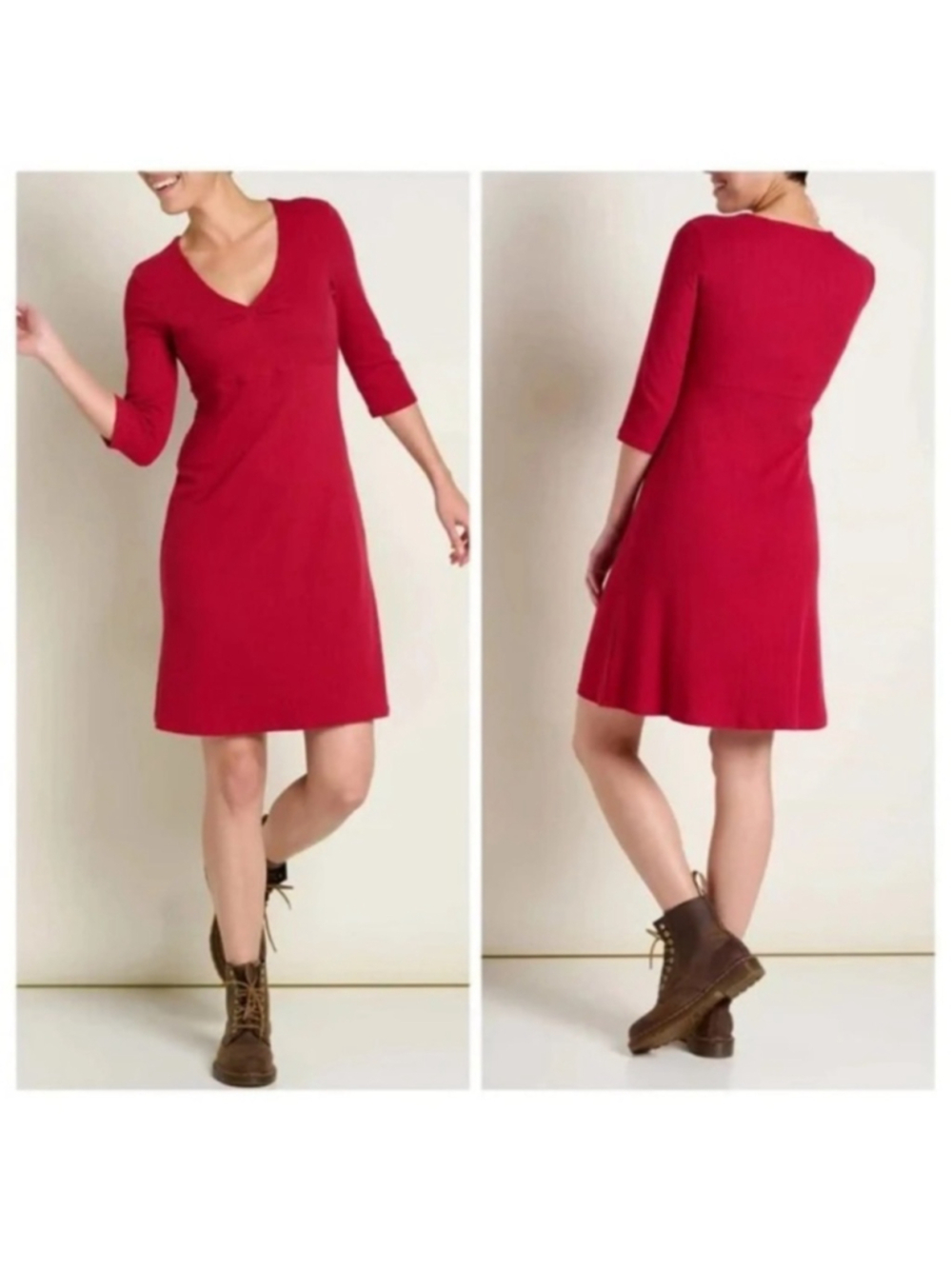Horny Toad Toad&Co Rosalinda Hearhered Red 3/4 Sleeve V-Neck Dress Size Small